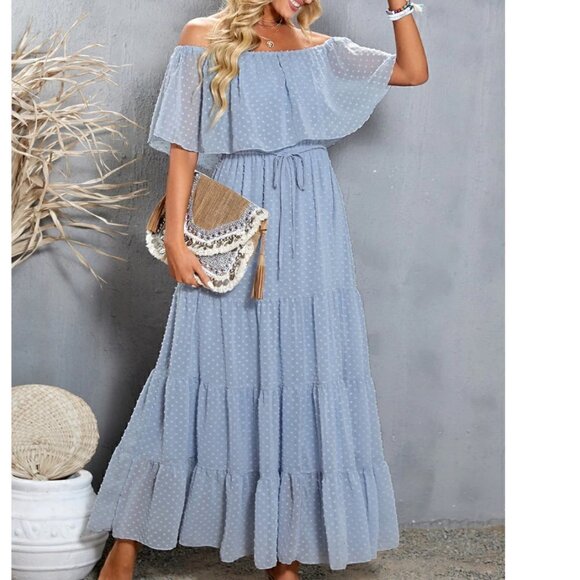 Dresses & Skirts - Sky Blue Off Shoulder Ruffle Maxi Dress Size Medium